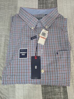 IZOD Men's Blue and Red Plaid Button-Down Shirt - Wrinkle Free Sz 3XL